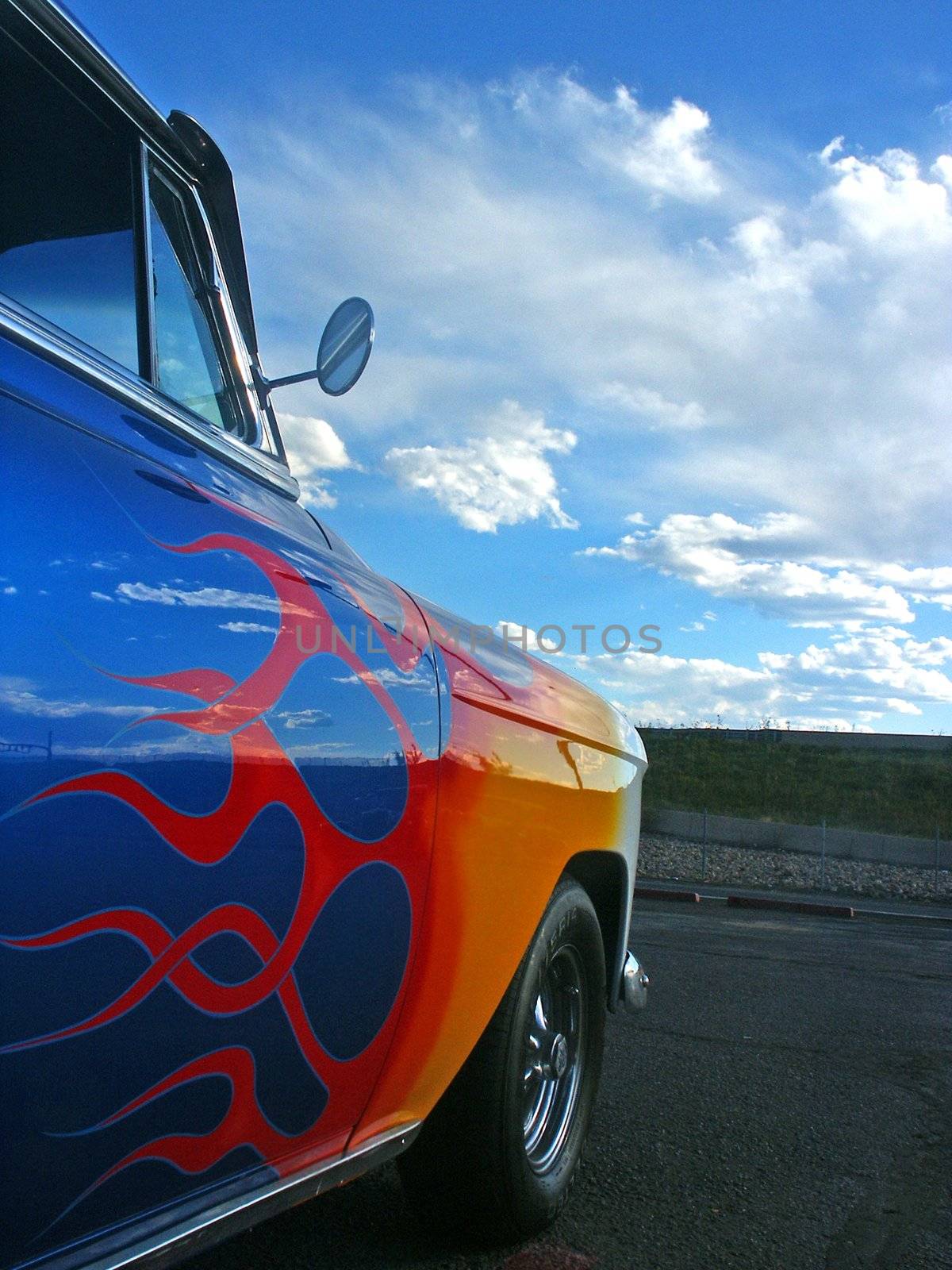 Blue American Hotrod with flames by jdebordphoto