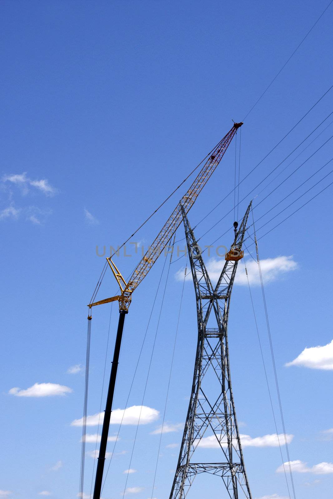 Electrical power lines with a tall crane