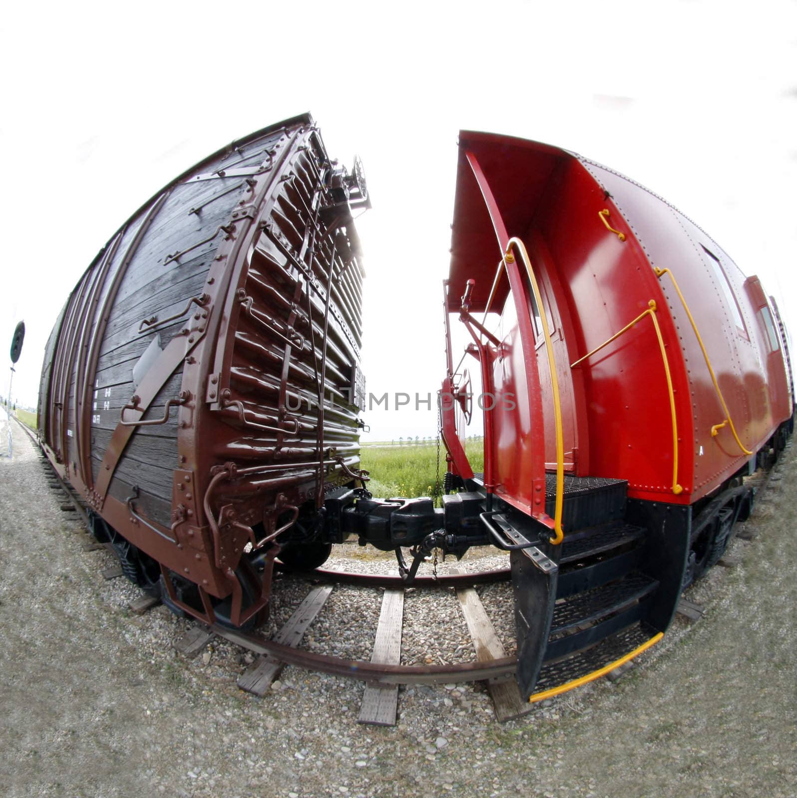 Two railway cars through fish eye