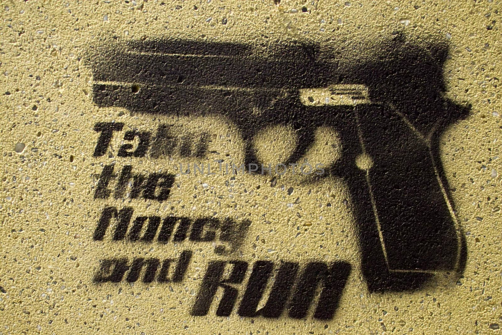 a black painting on a wall showing a pistol and the text take the money and run