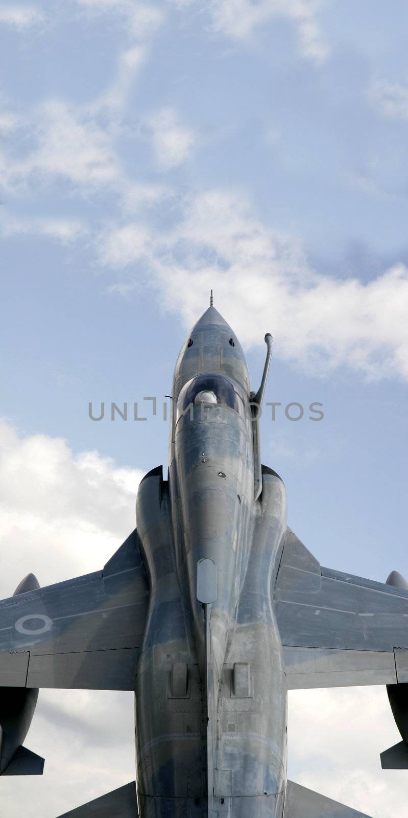 Top view of a fighter jet in midflight