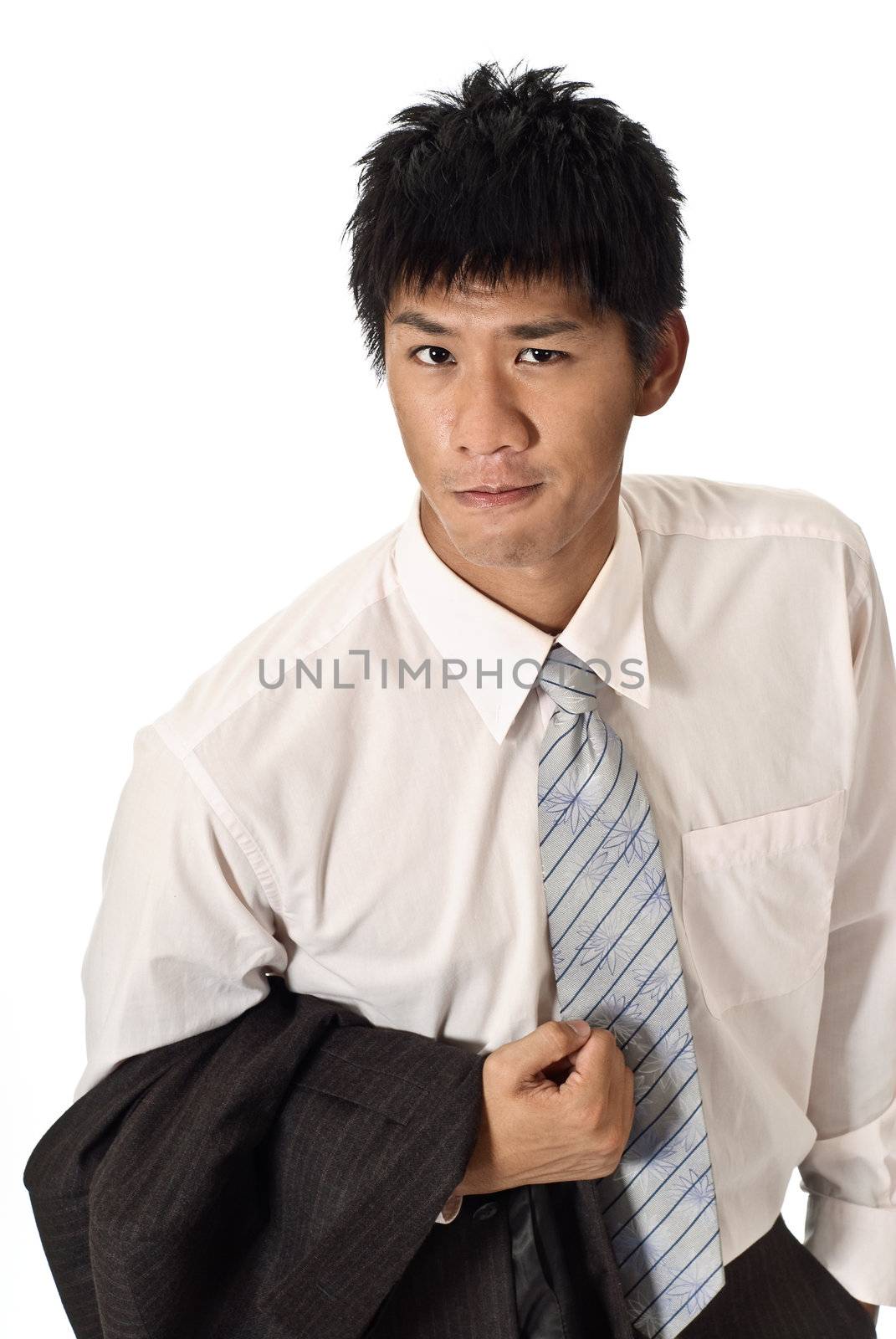 Smart young business man of Asian, closeup portrait on white background.