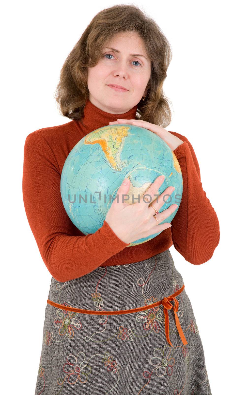Woman holding in the hand terrestrial globe