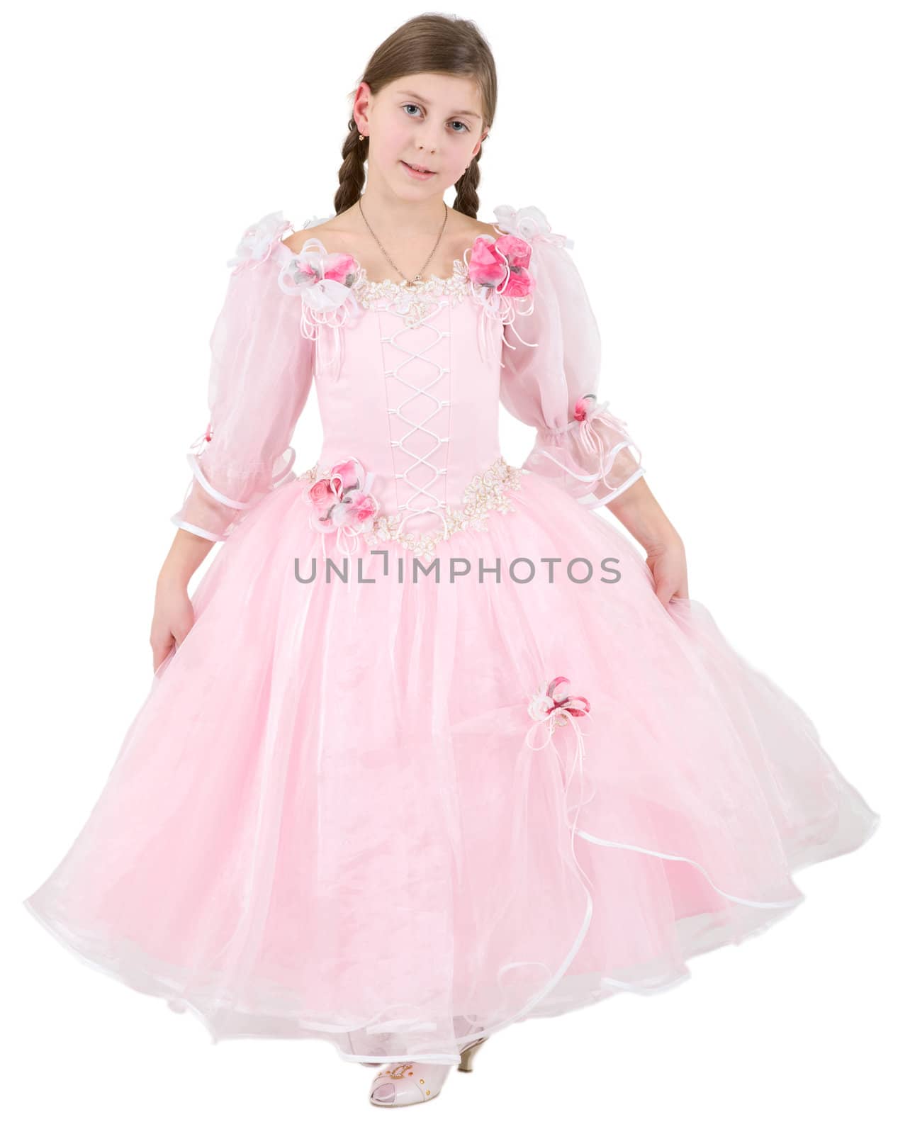 Girlie in pink clothes on a white background