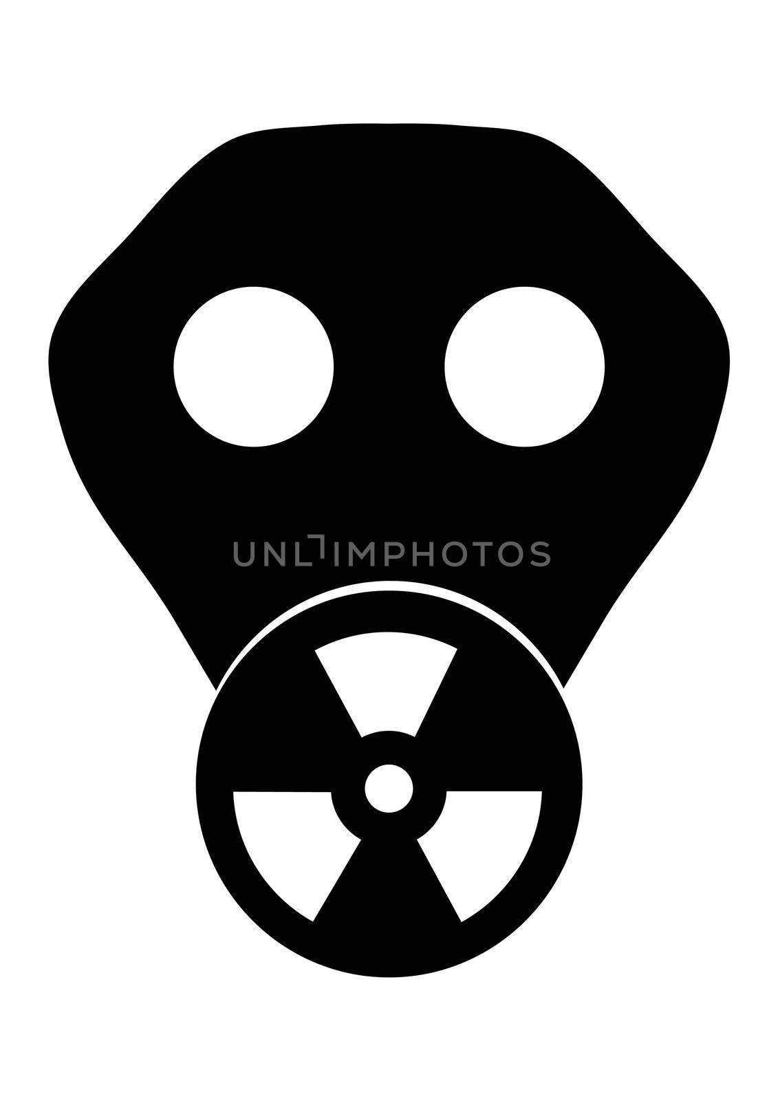 Black and white illustration of a gas mask with the toxic symbol displayed on the filter