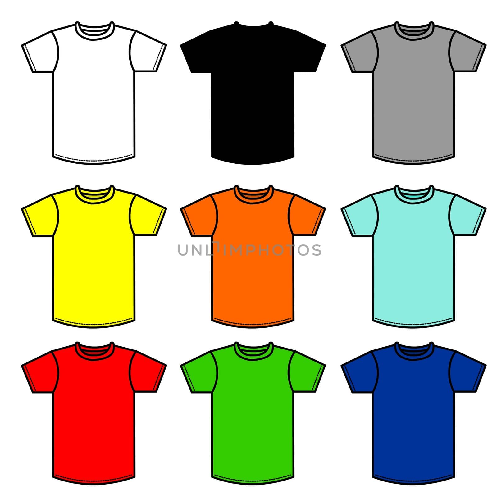 Nine T-Shirts of different colours 