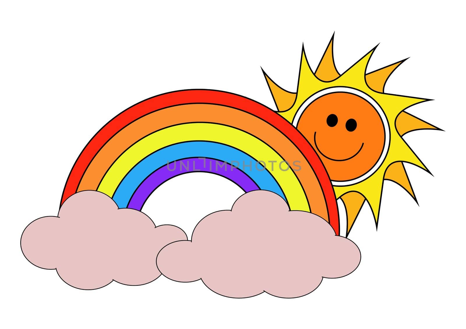 Illustration of The Sun, A rainbow and clouds 