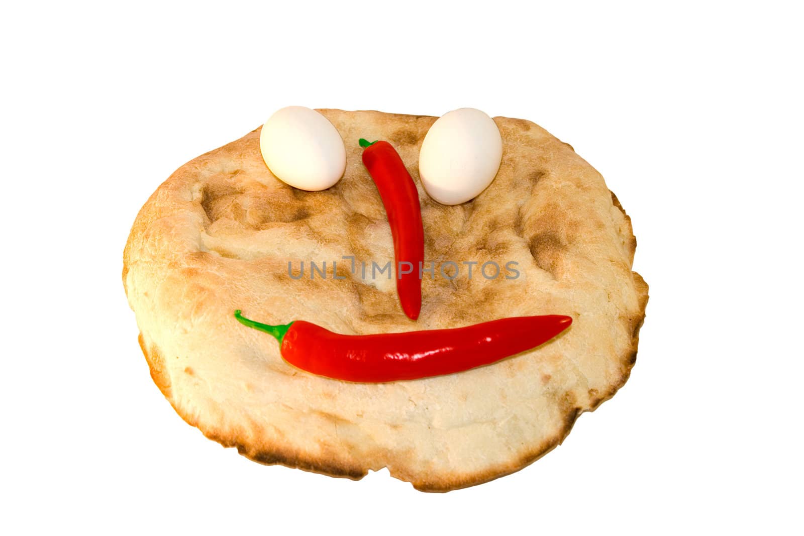 round smiling bread with vegetables and eggs over white