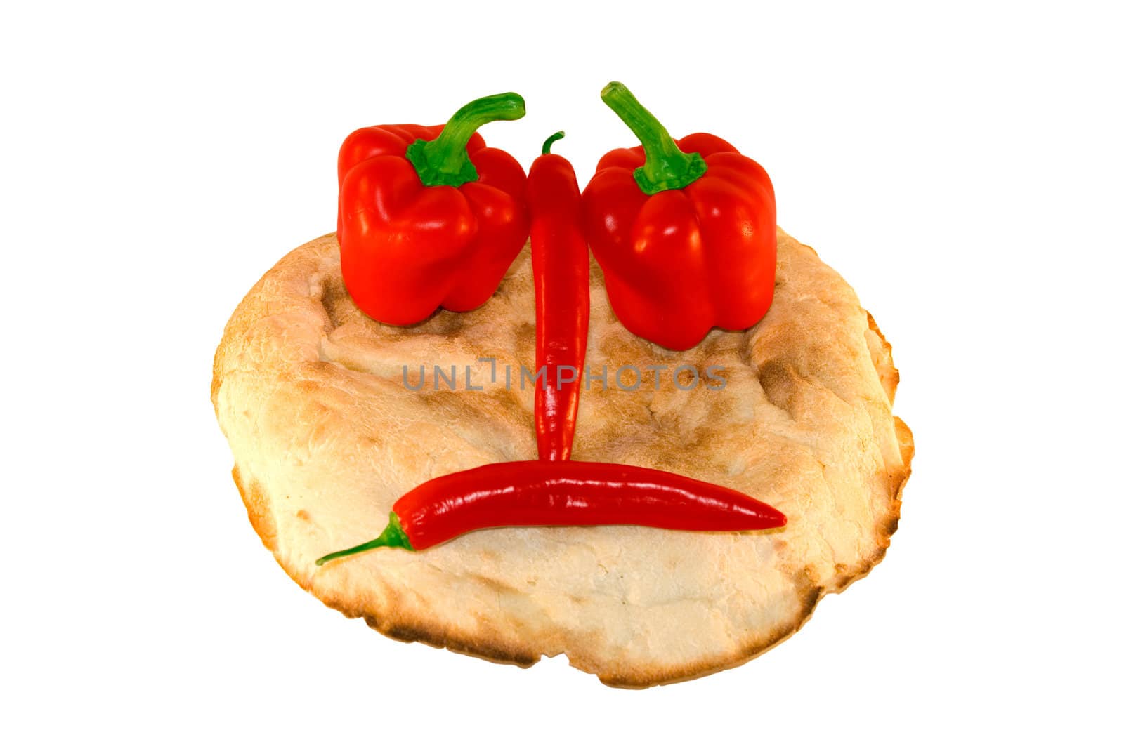 round smiling bread with vegetables over white