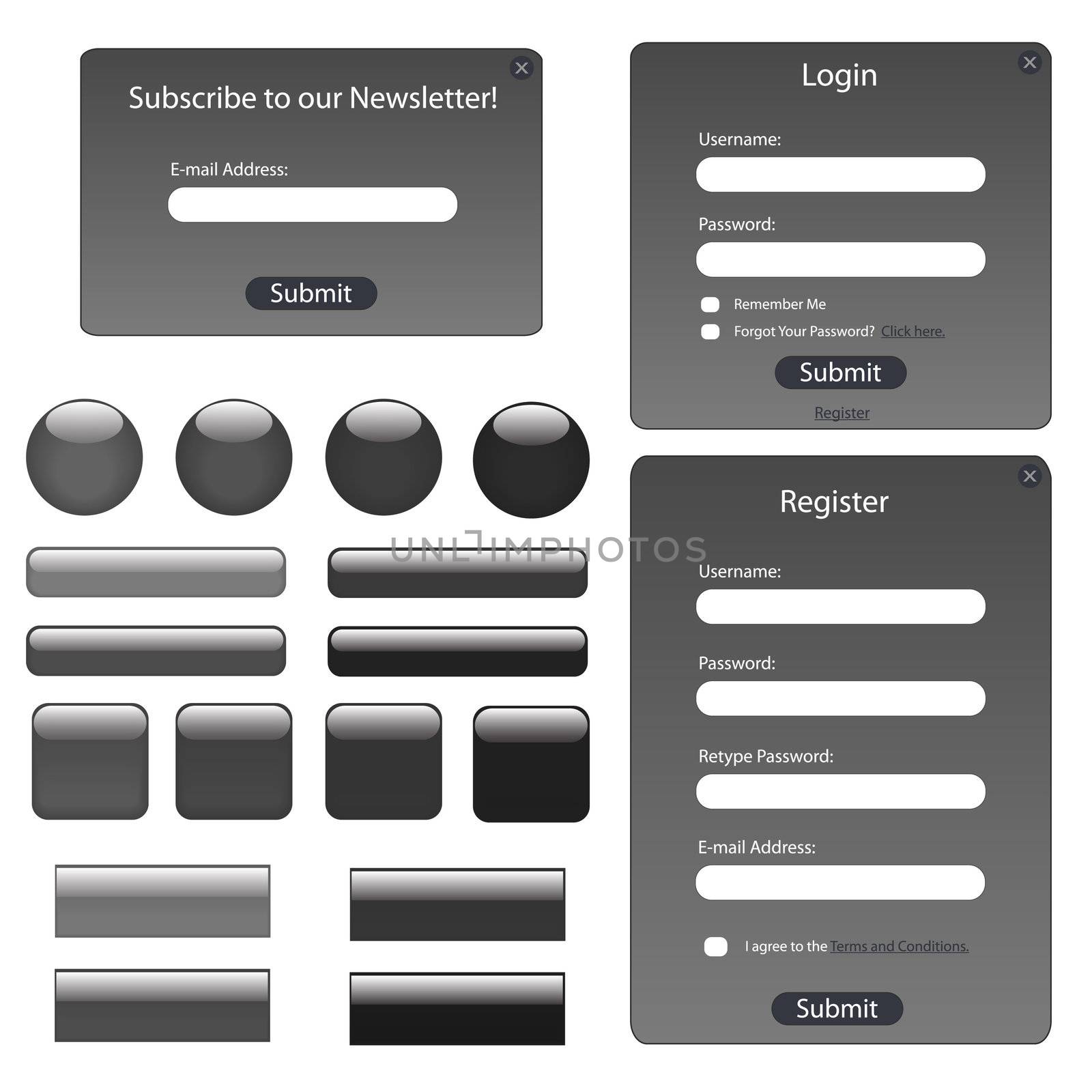 Web template with forms, bars and buttons.