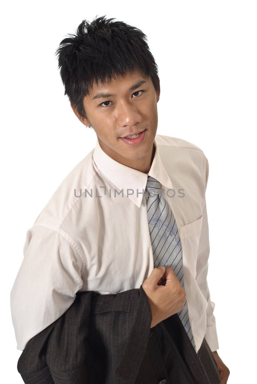 Young businessman with joy, closeup portrait on white background.
