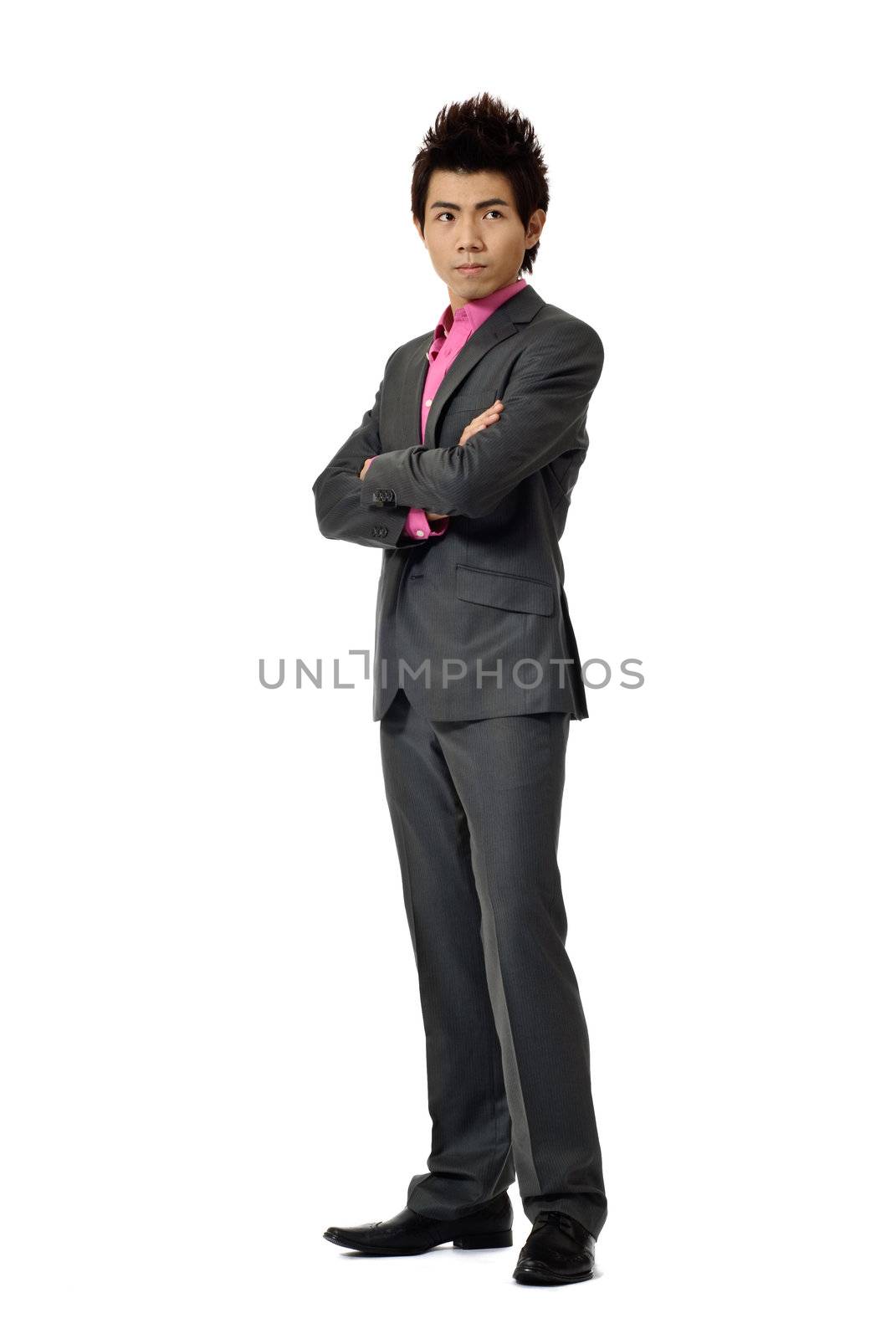 Full length portrait of Asian fashion young business man isolated on white background.