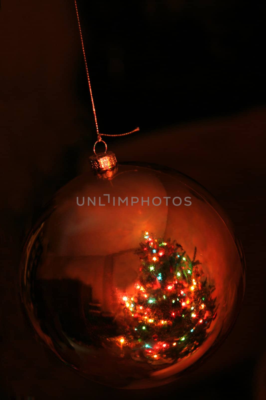 A reflection of a Christmas tree in a gold bauble ornament.
