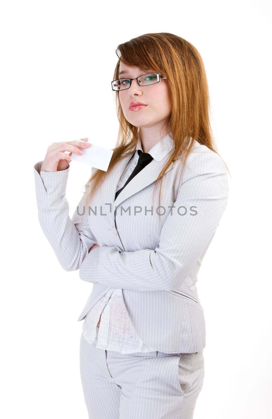 Business woman in a suit on isolated white