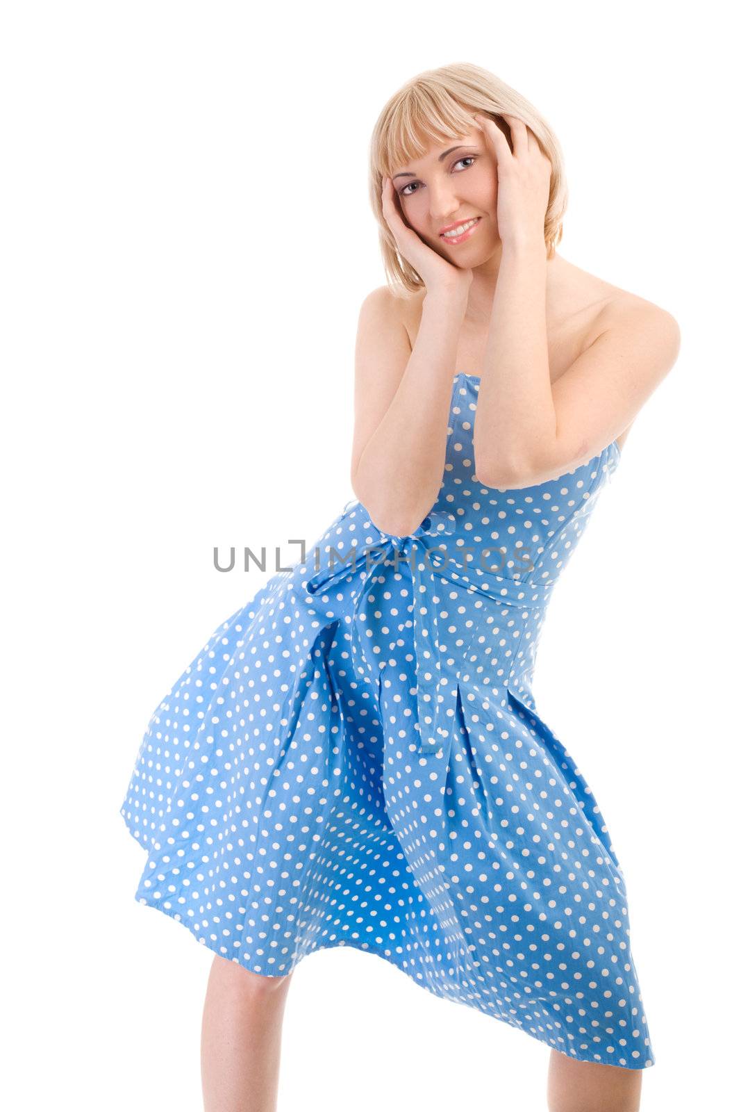 Dancing girl in blue dress on isolated white