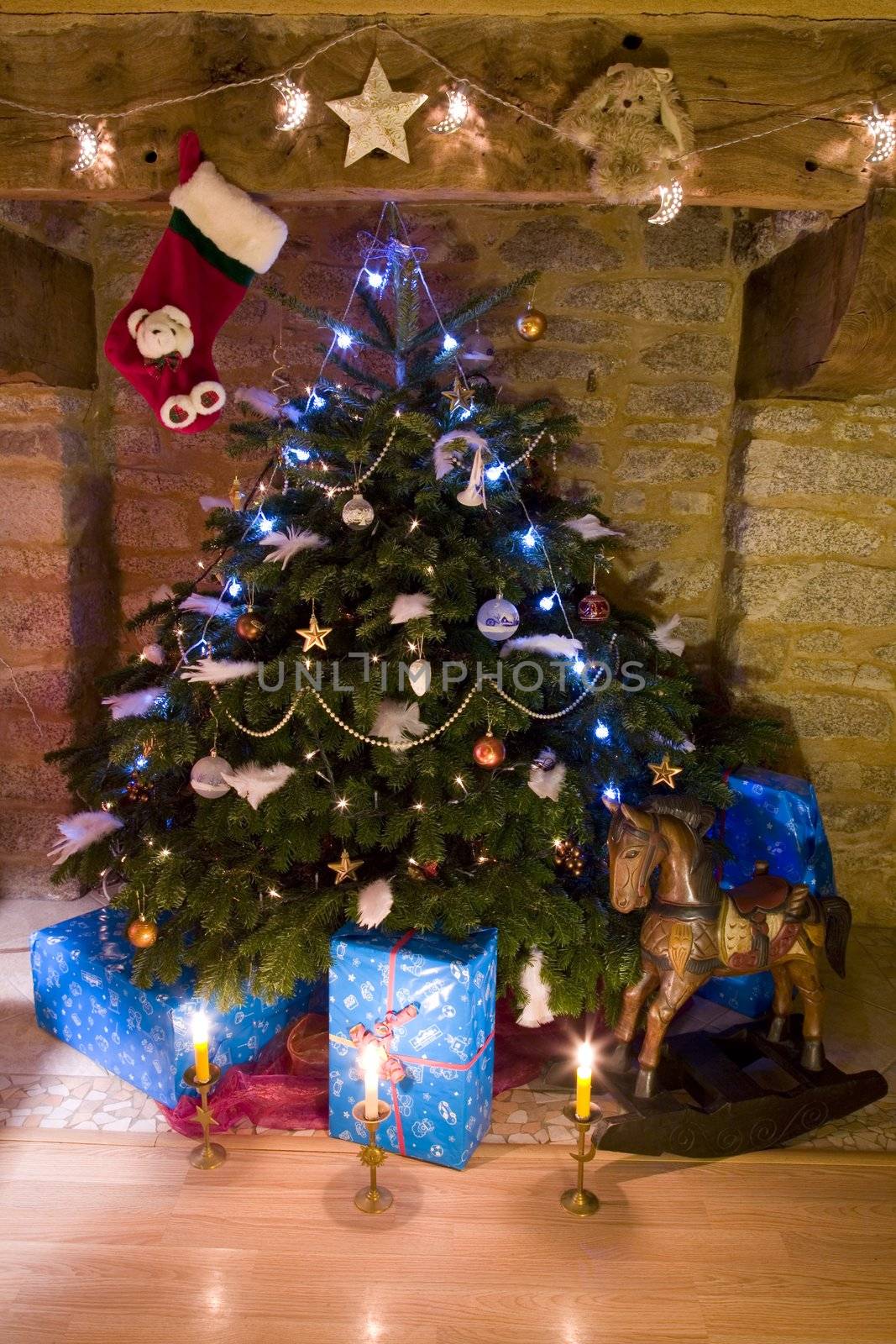 A decorated Christmas tree with fairy lights