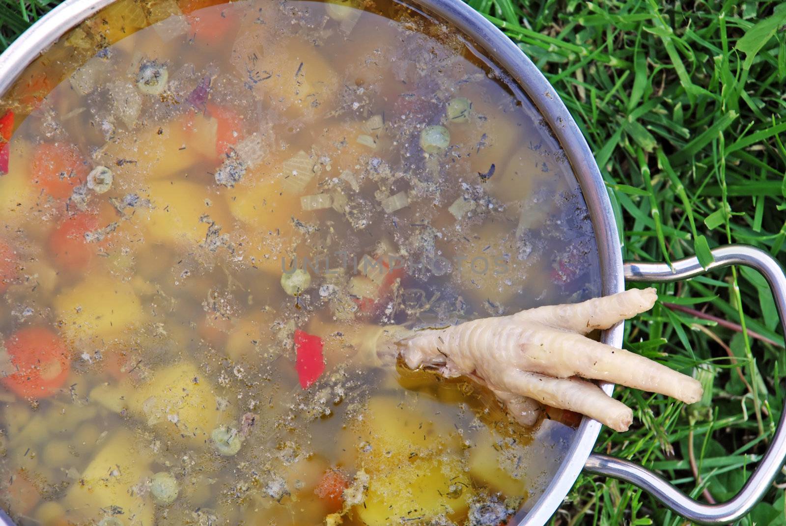 soup in pot with vegetables outdoor with chicken leg