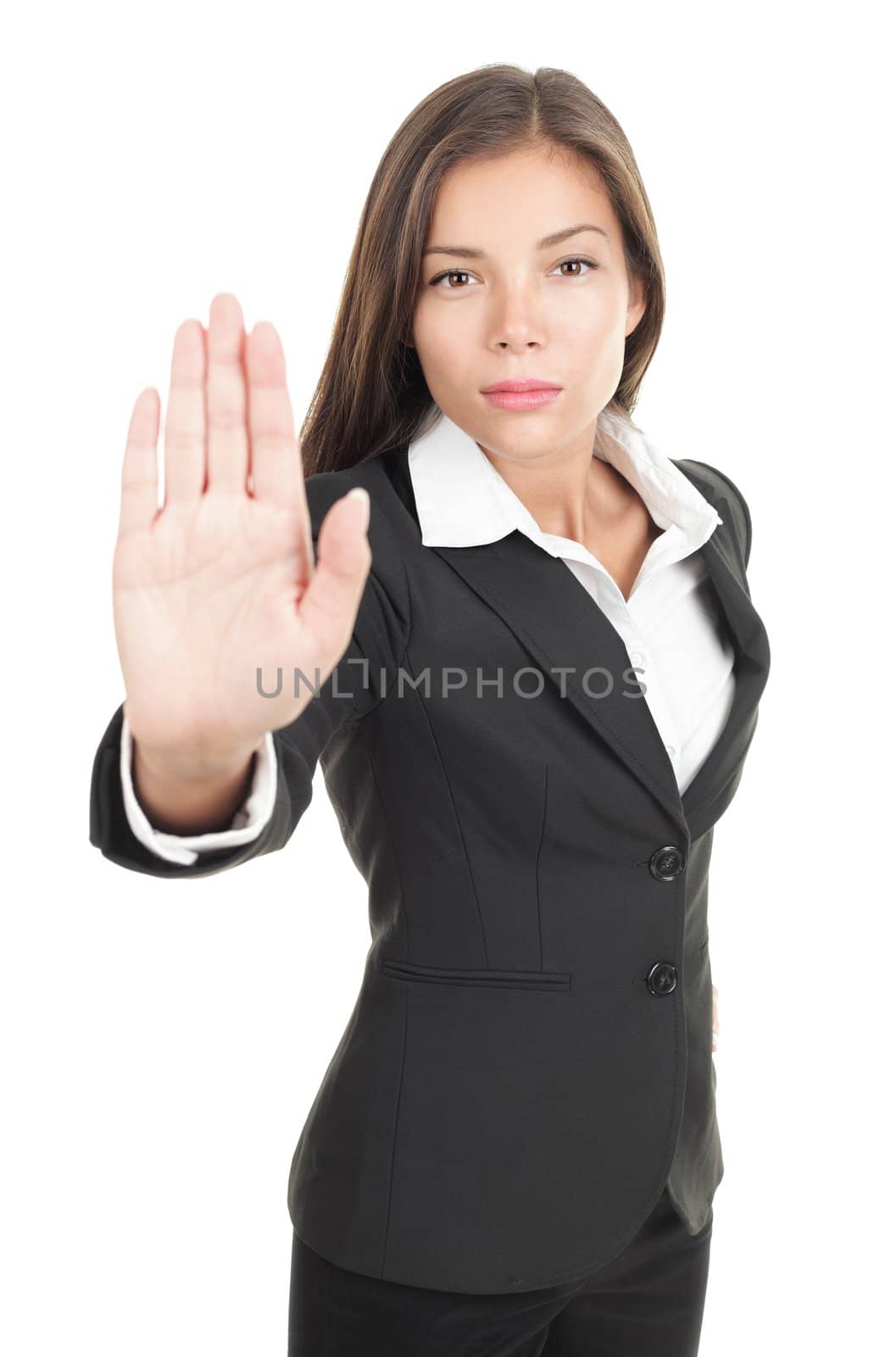 Woman giving hand stop sign by Maridav
