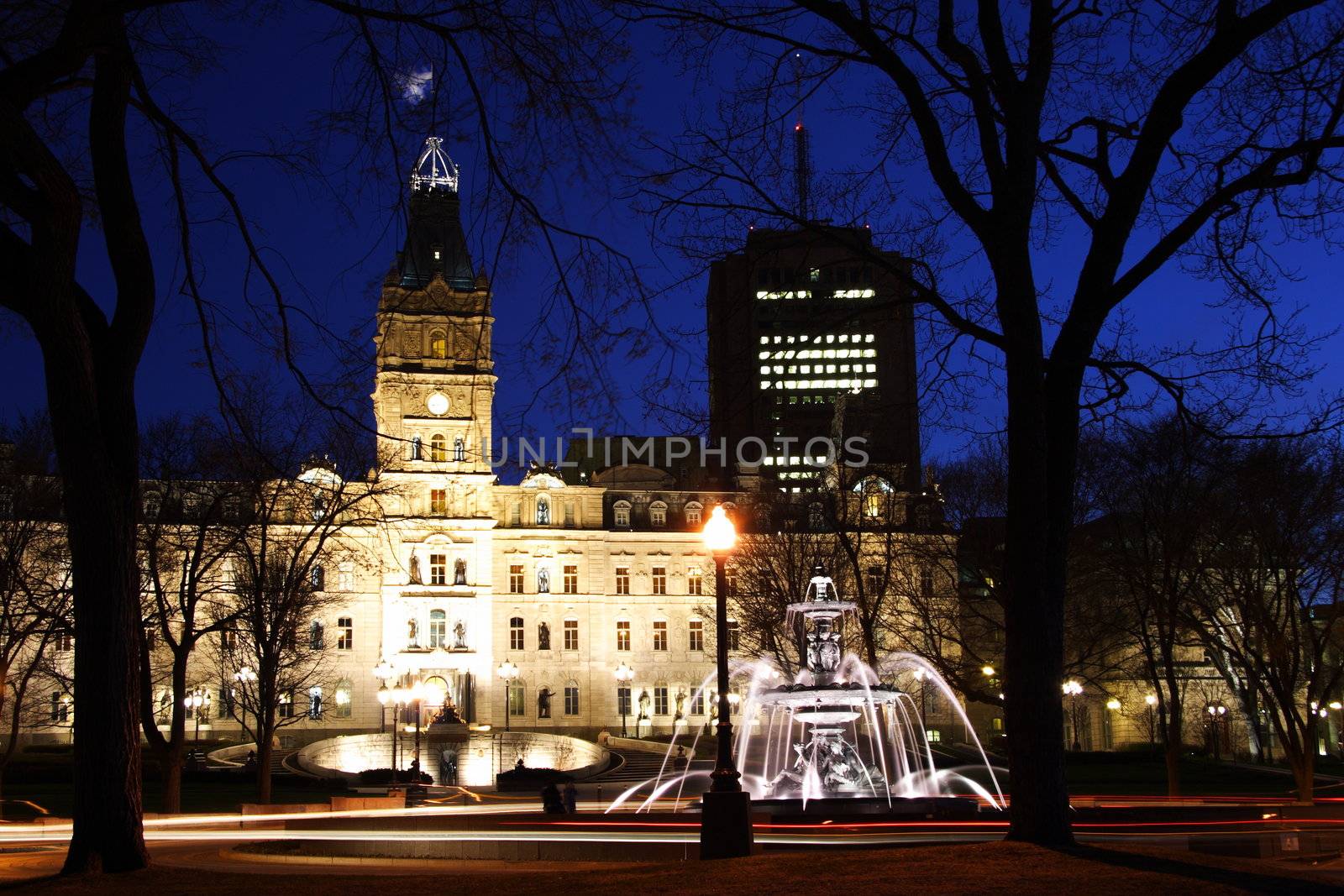 Typical night scene from Quebec City: Quebec parliament building (H�tel du Parlement) and Fontaine de Tourny. Long exposure.