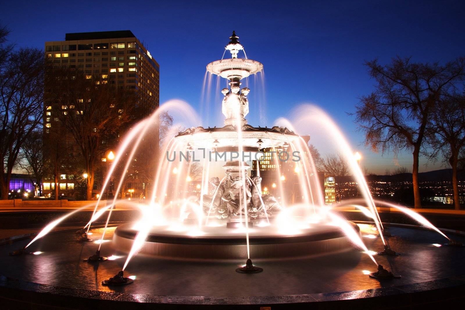 Quebec City night scene in downtown. Fountain: Fontaine de Tourny. Long exposure.