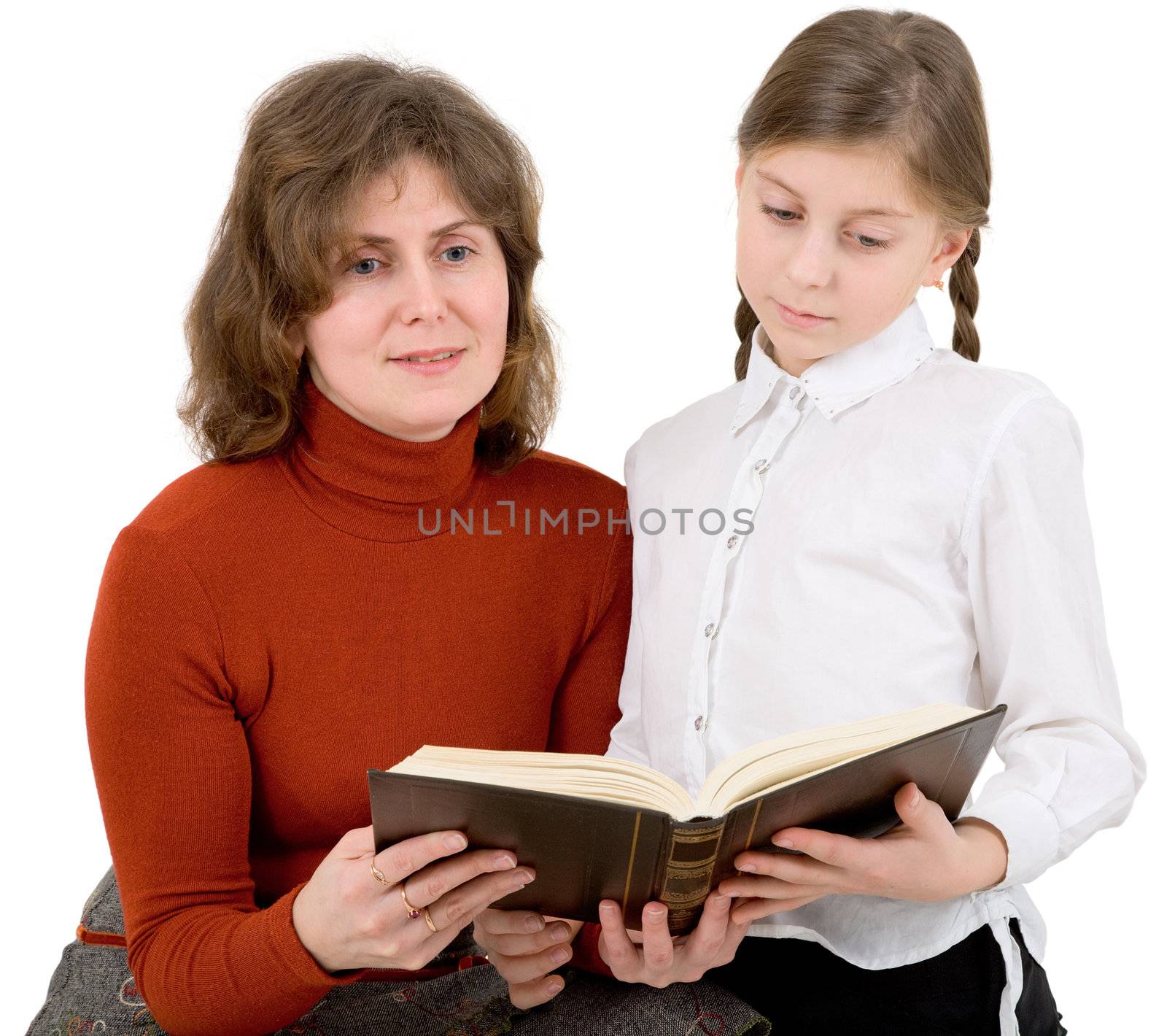 The woman and the girl together read the book on a white background