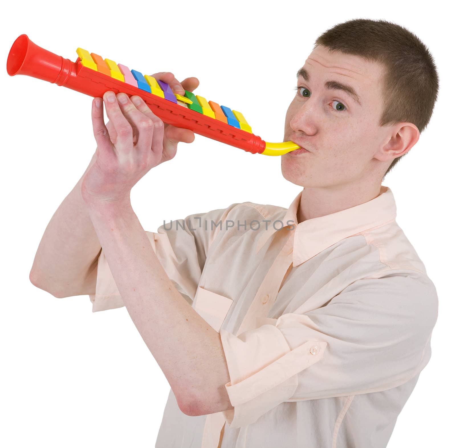 Young man to play the trumpet on the white background