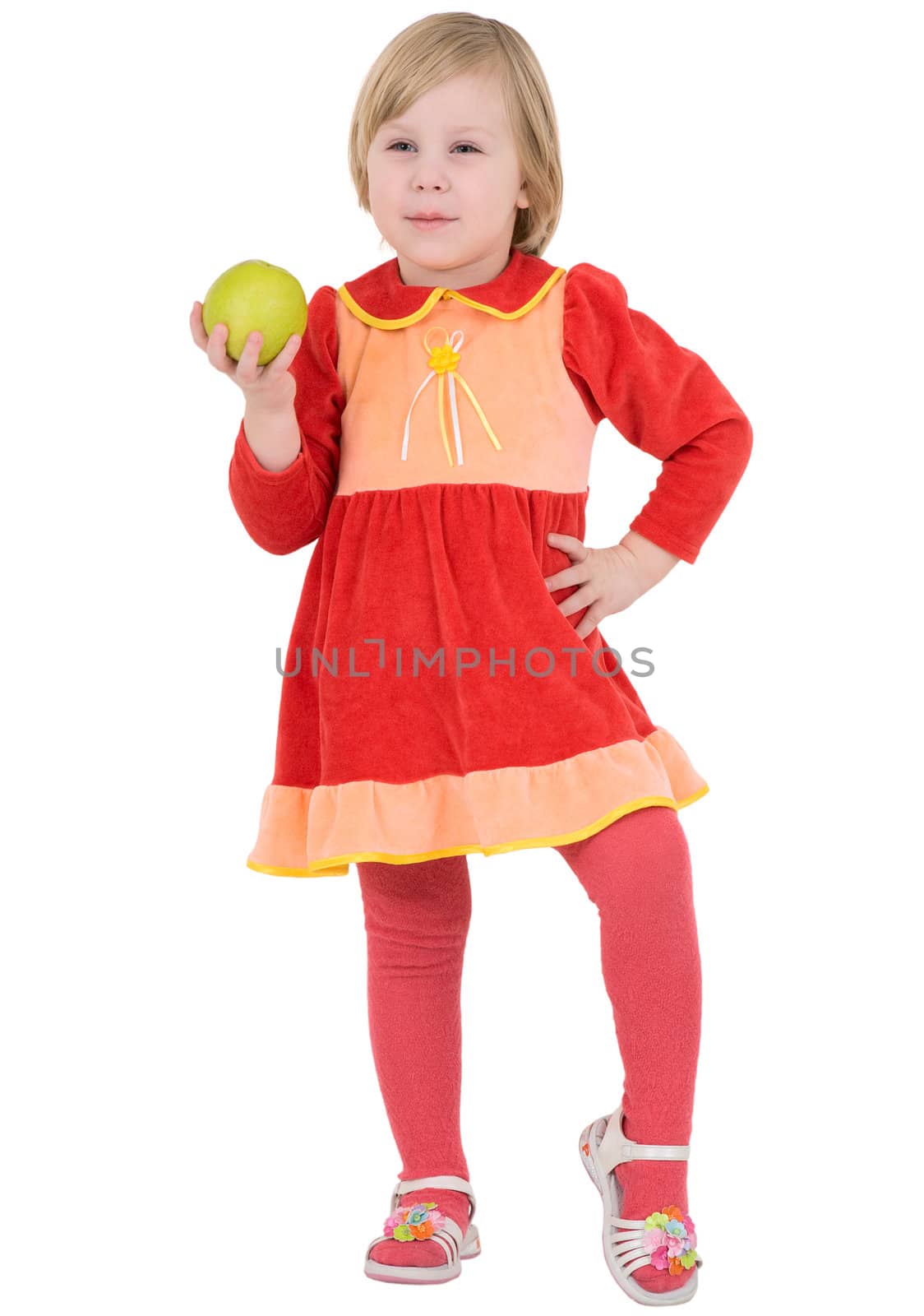 Little girl holding on hand green apple