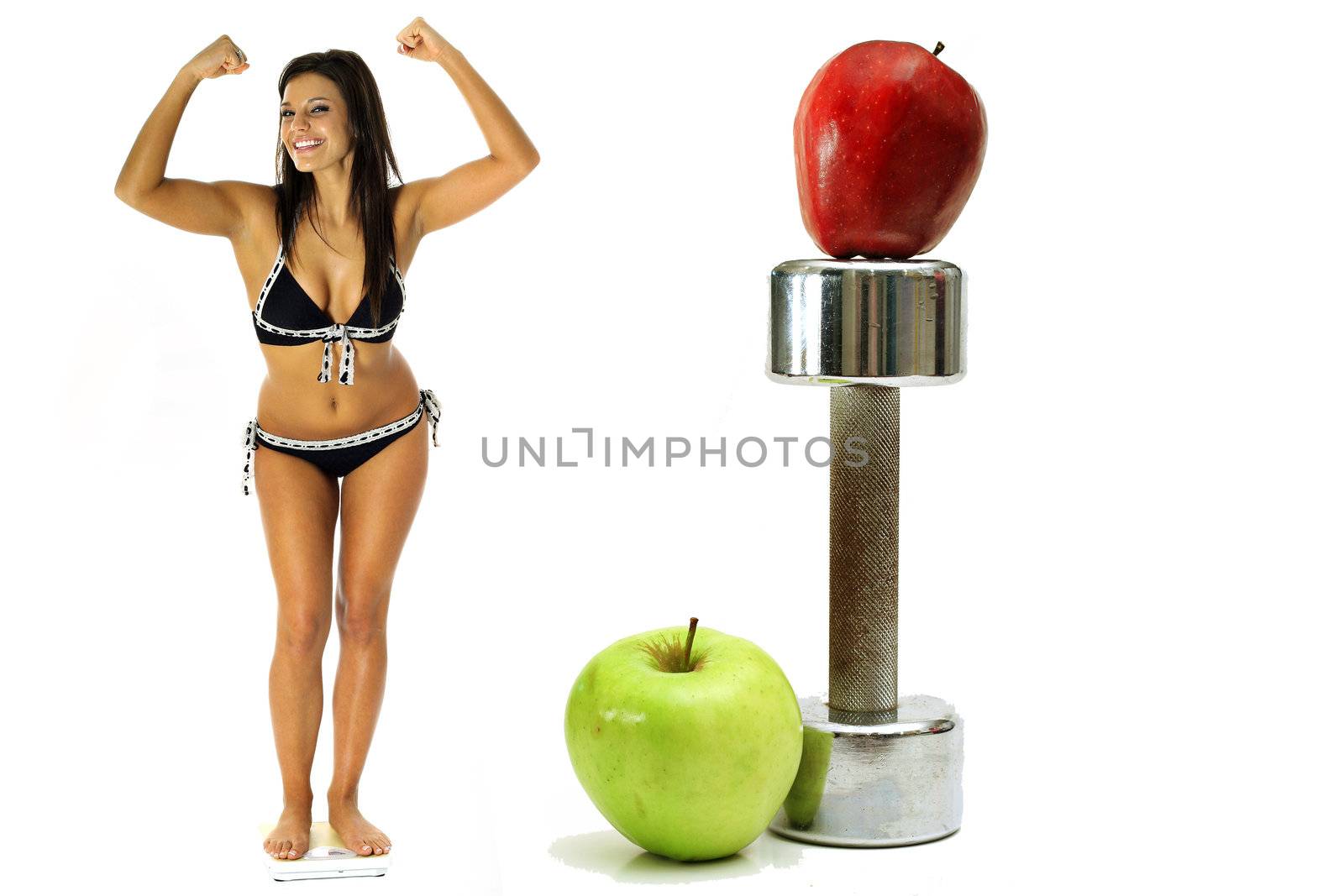 shot of weight loss workout apples in bikini by creativestock