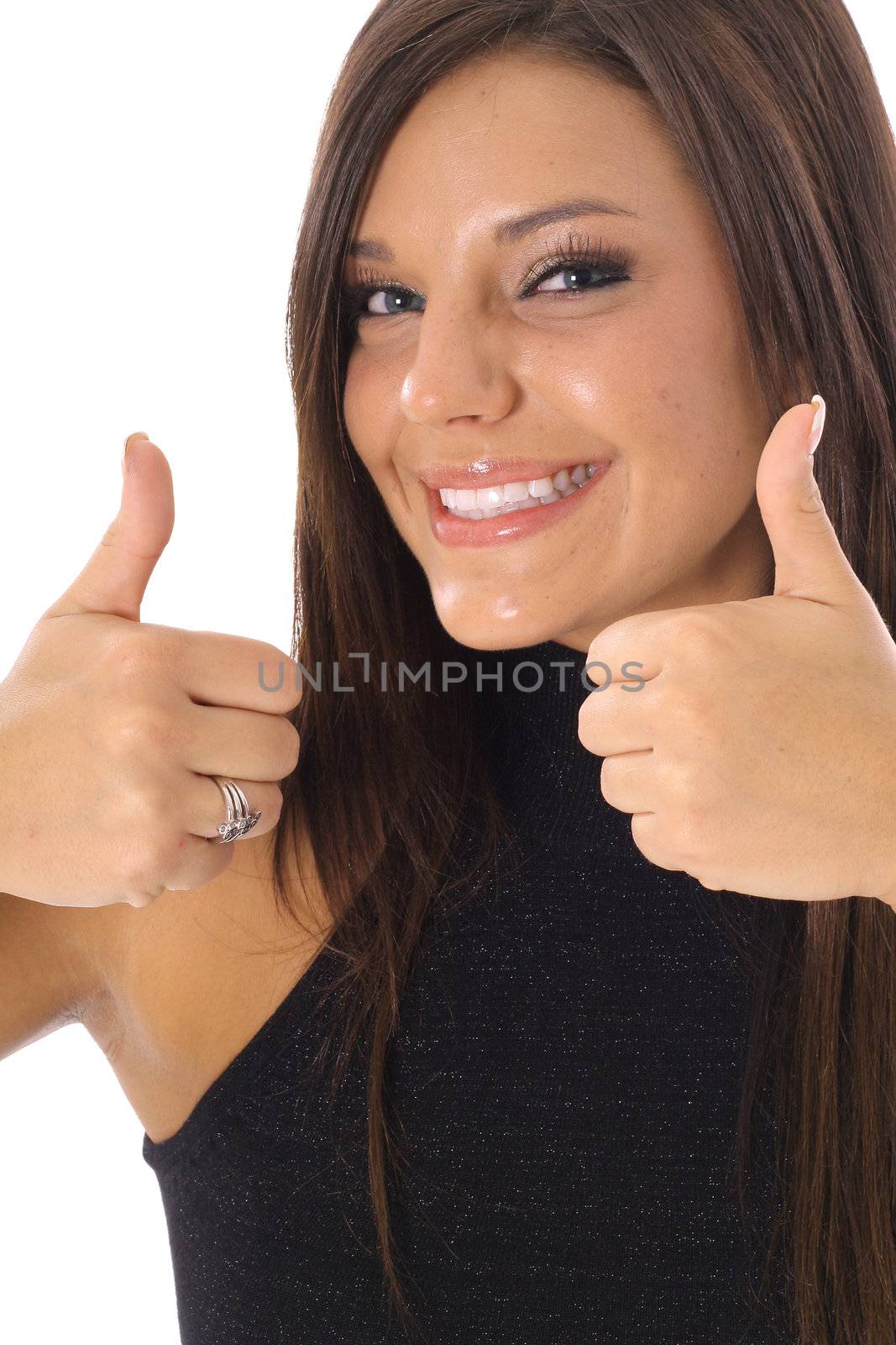 shot of a thumbs up model vertical side by creativestock