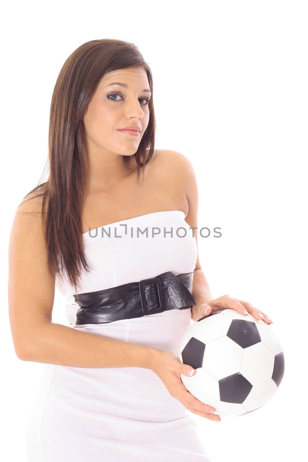gorgeous latin woman holding soccer ball
