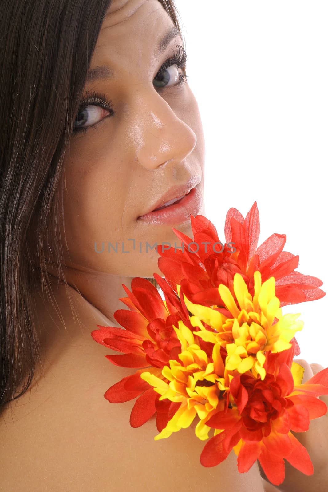 brunette with flowers