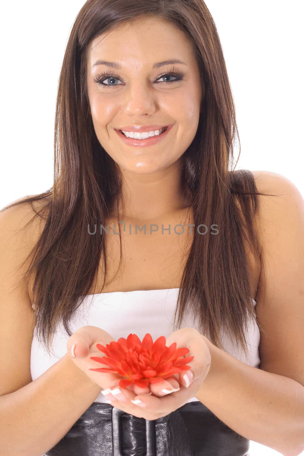 shot of a gorgeous girl holding red flowers