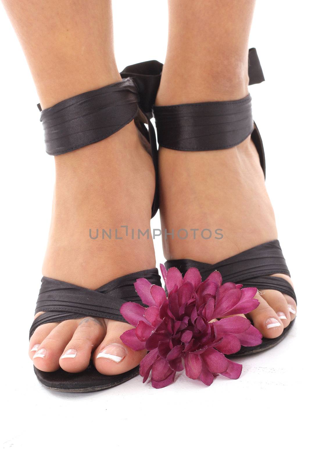 shot of beautifully manicured feet with purple flower