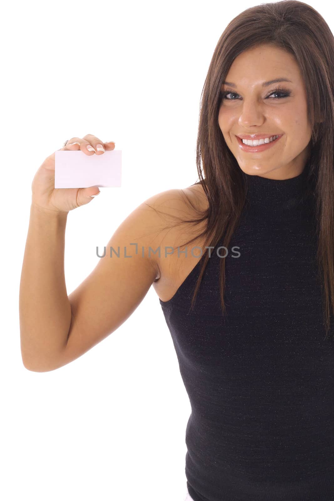 happy woman looking at a business card vertical