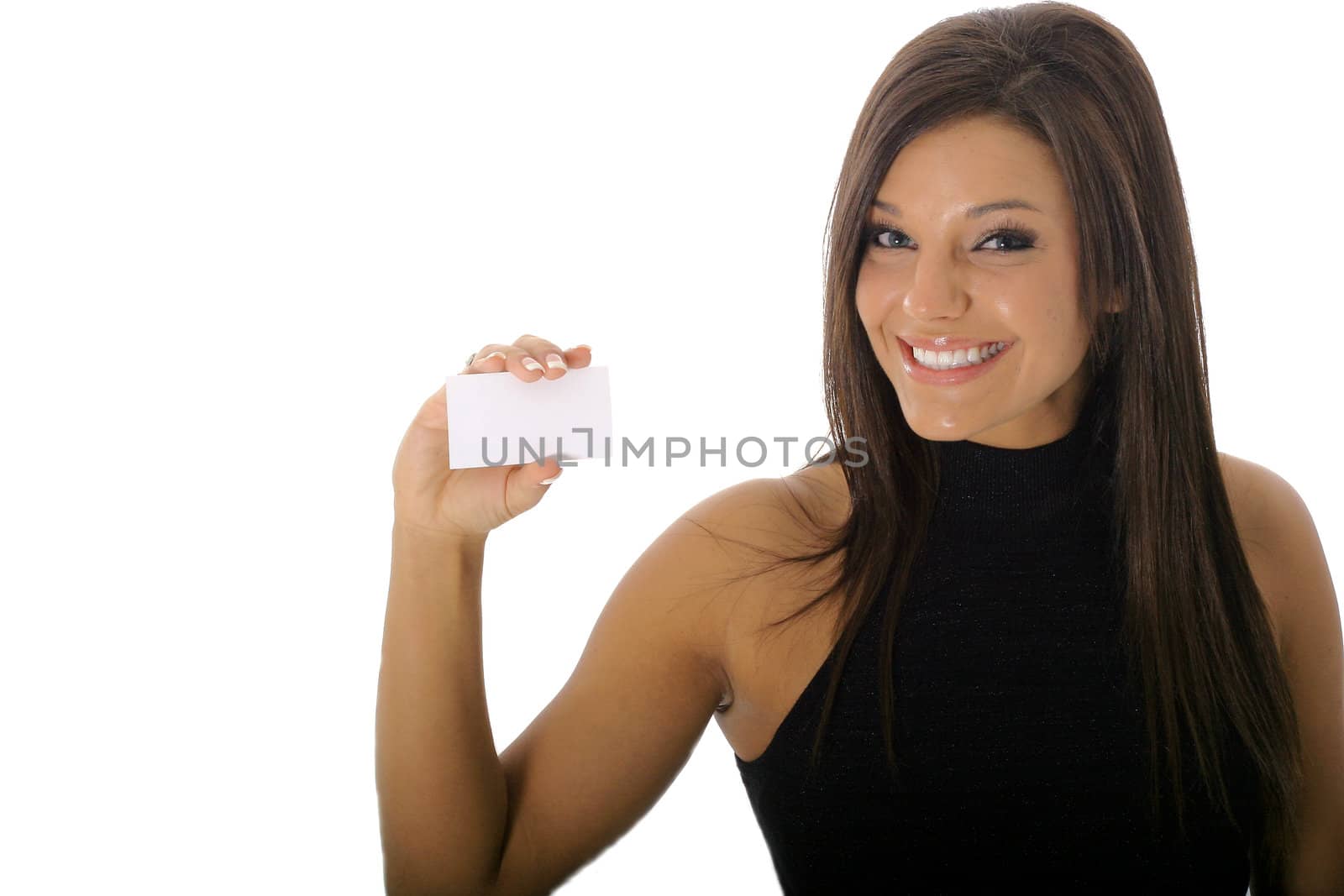 happy woman looking at a business card