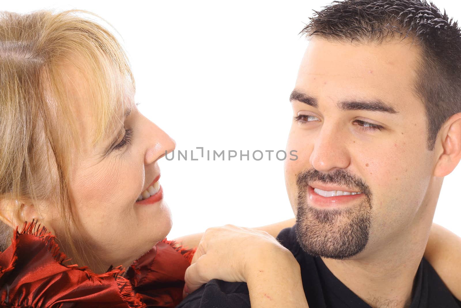 mother and son looking at each other isolated on white by creativestock