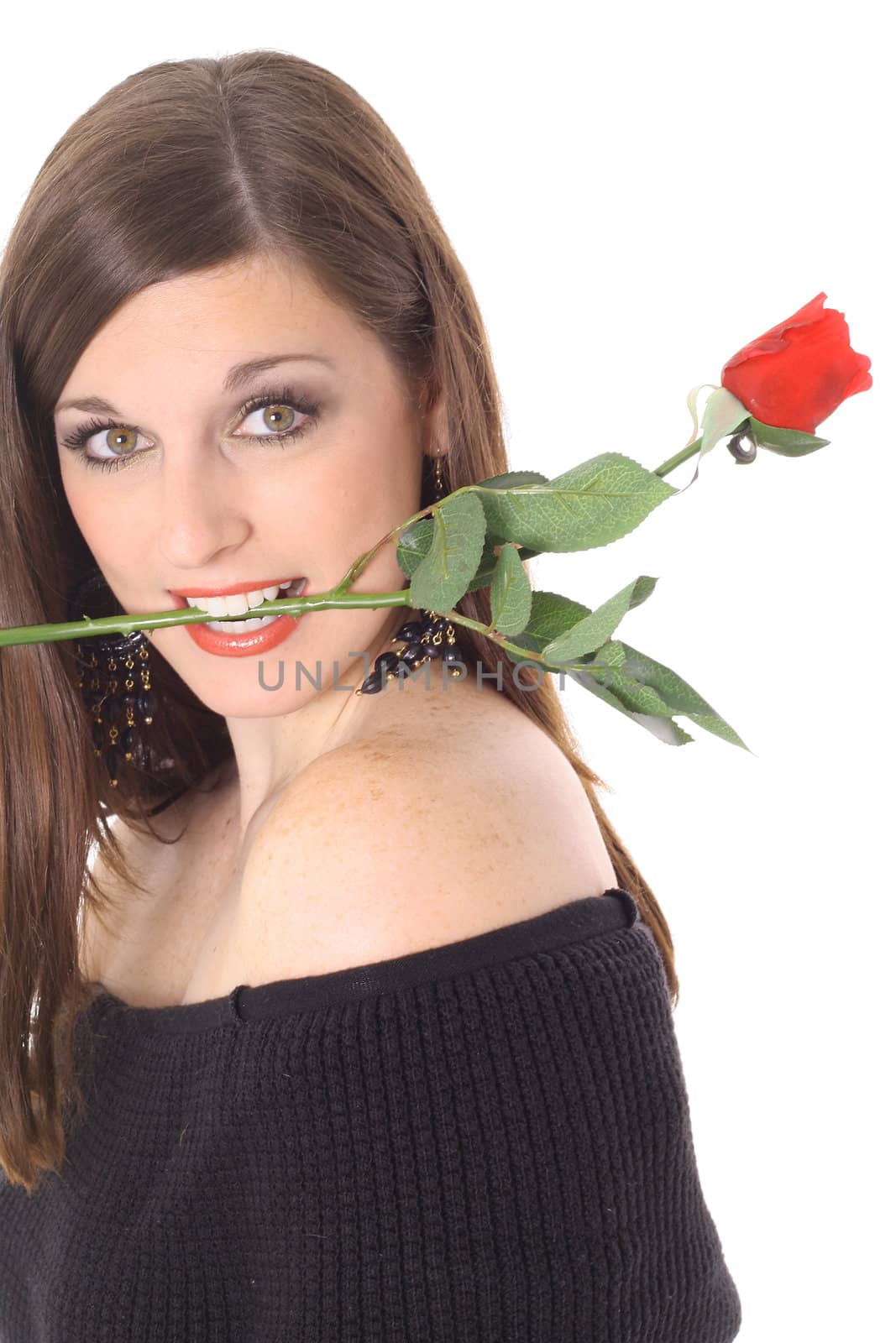 brunette with a rose in her mouth