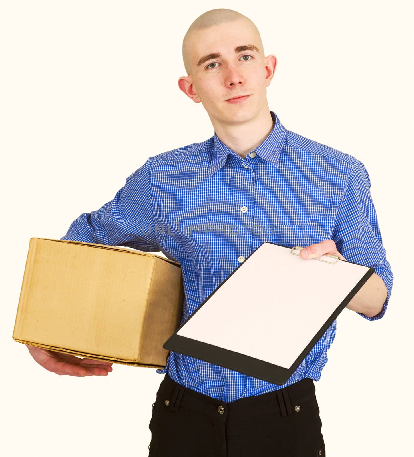 Man with carton box stretches us tablet