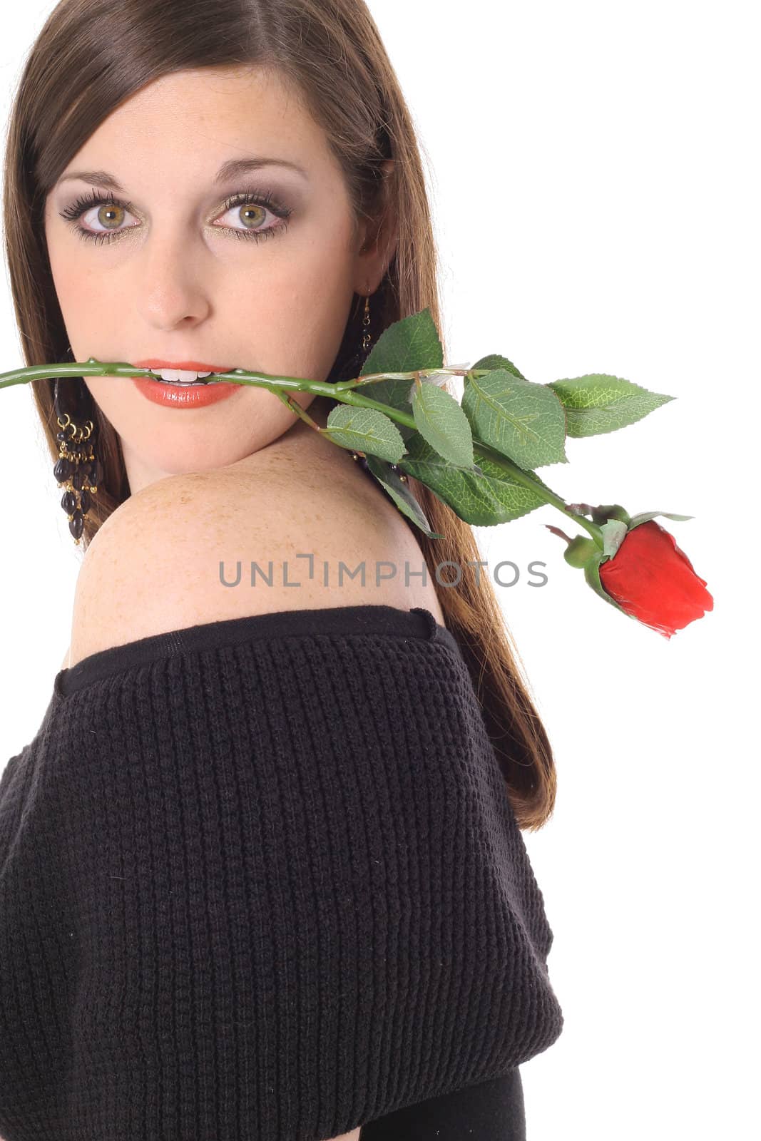 sexy brunette with a rose isolated on white by creativestock