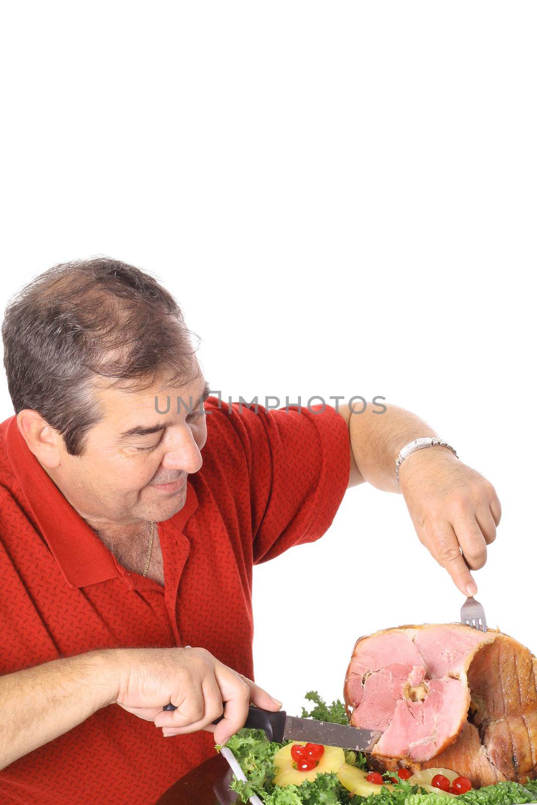 man slicing a ham vertical isolated on white by creativestock