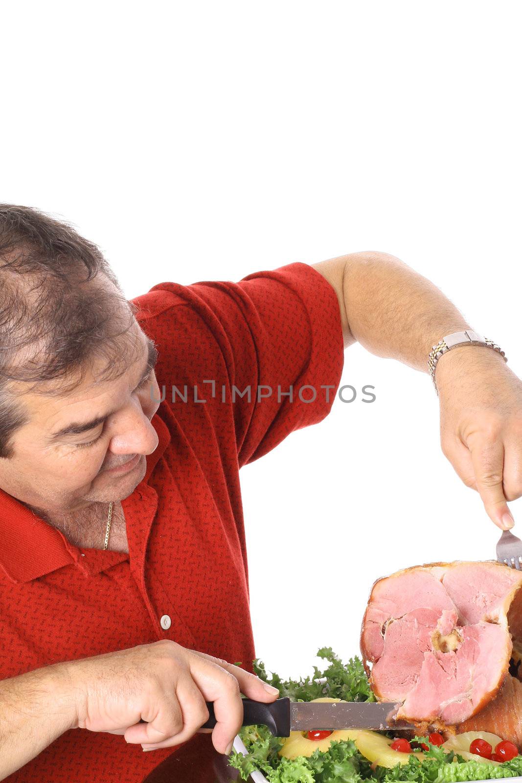 man slicing a ham vertical upclose isolated on white by creativestock