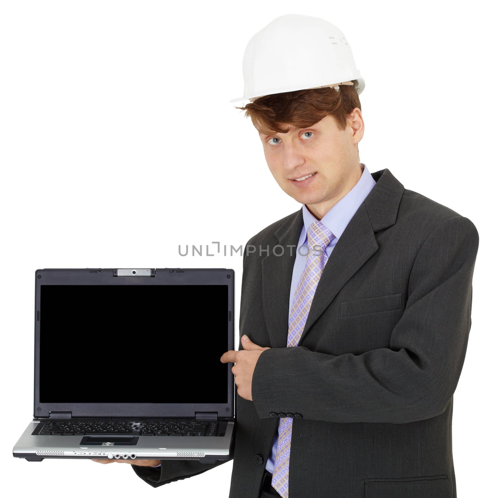 Engineer demonstrates a laptop screen is isolated on a white background