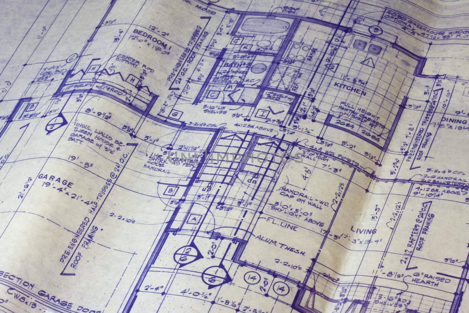 detail of 40 years old house blueprint - main floor plan