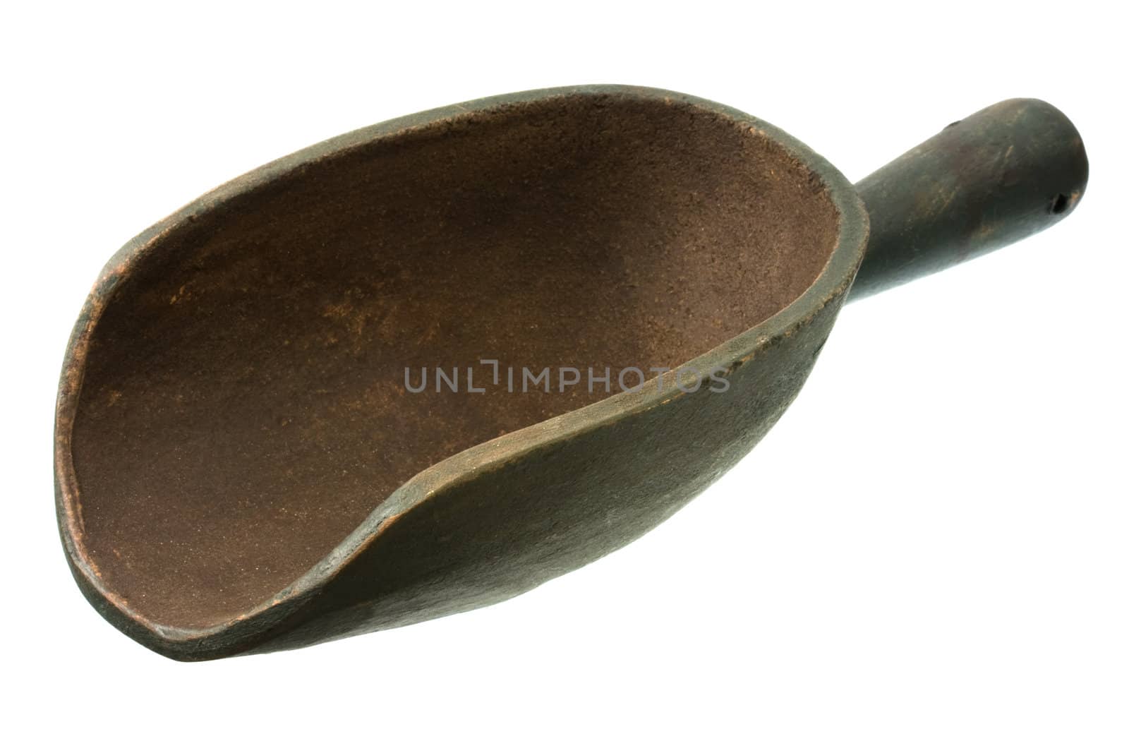 primitive, rustic, dark painted, wooden scoop, isolated on white