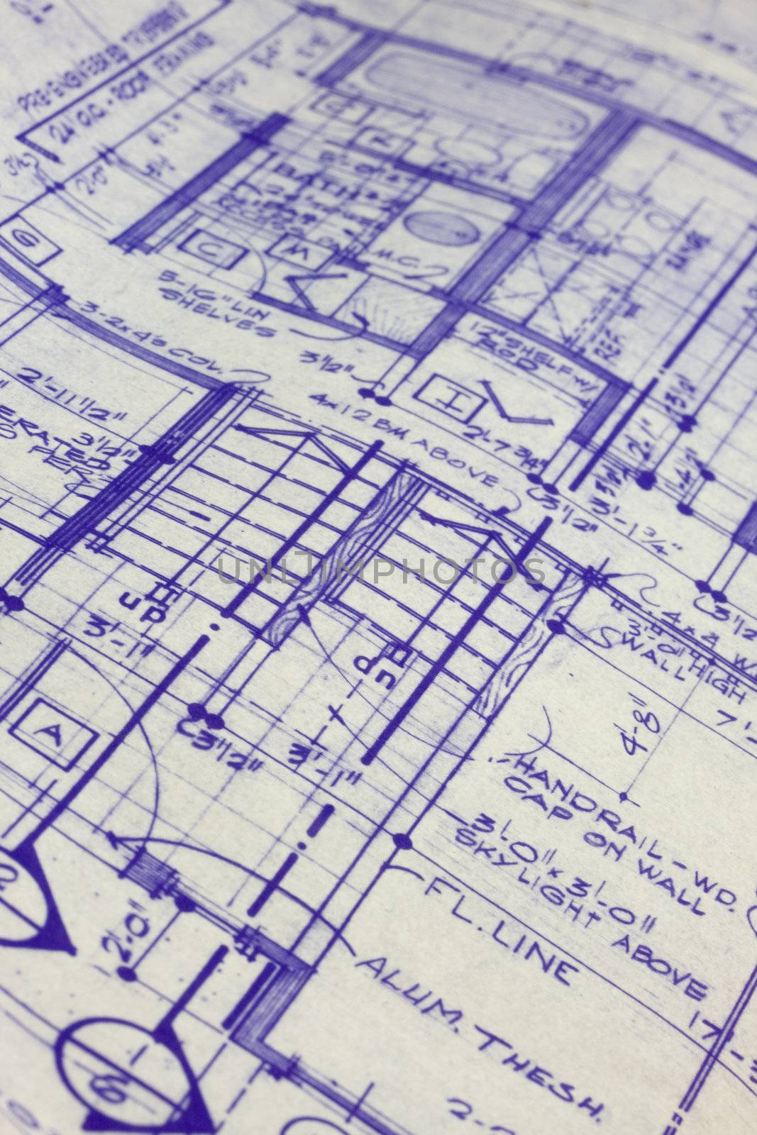 detail of 40 years old house blueprint, selective focus