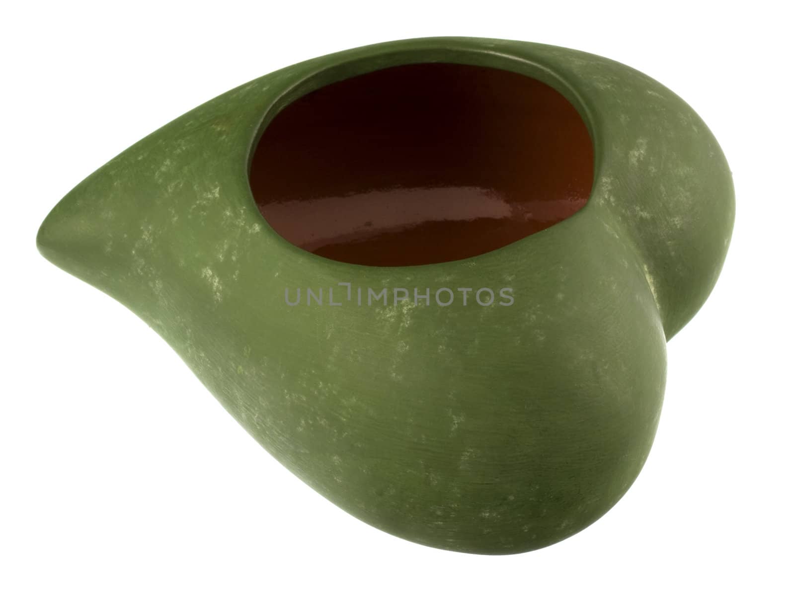 a small clay flower bowl (mass production item) in shape of leaf, green outside, brown inside, isolated on white