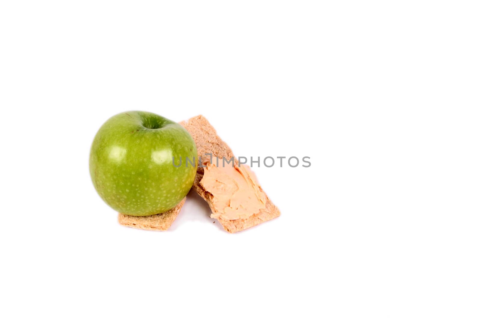 green apple and toast with cheese or butter isolated over white