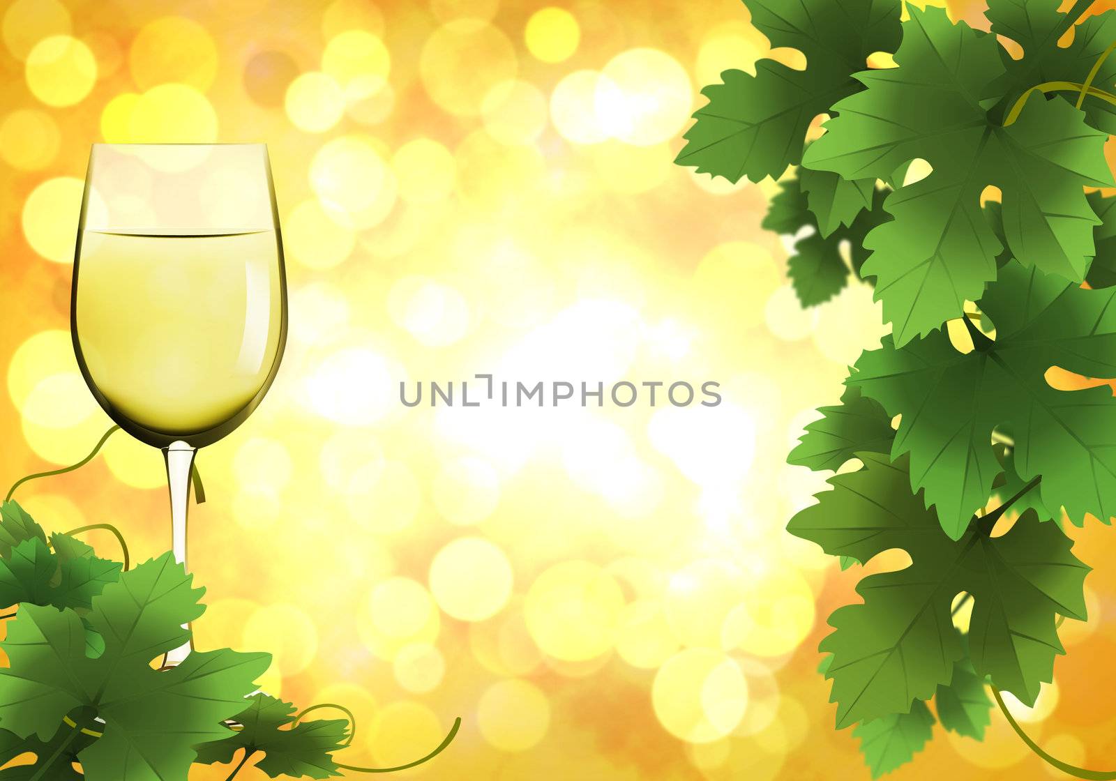 white wine and grape leaves on bokeh background