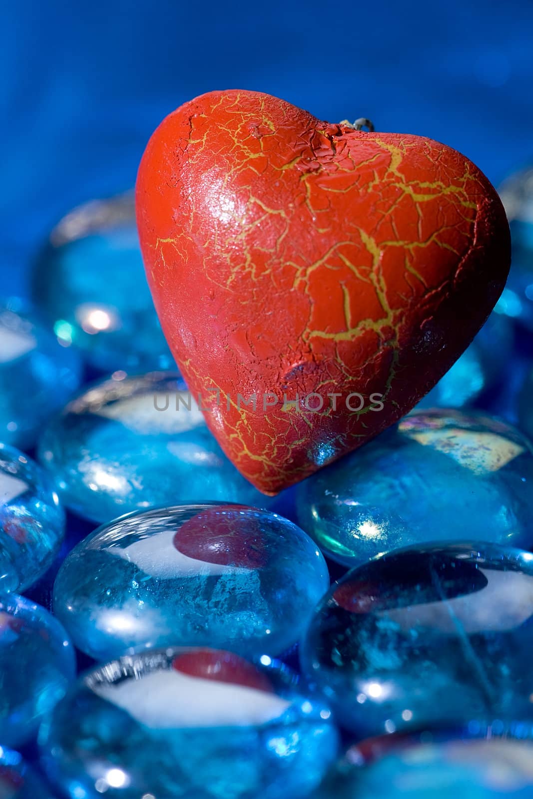 The red heart on the blue crystals