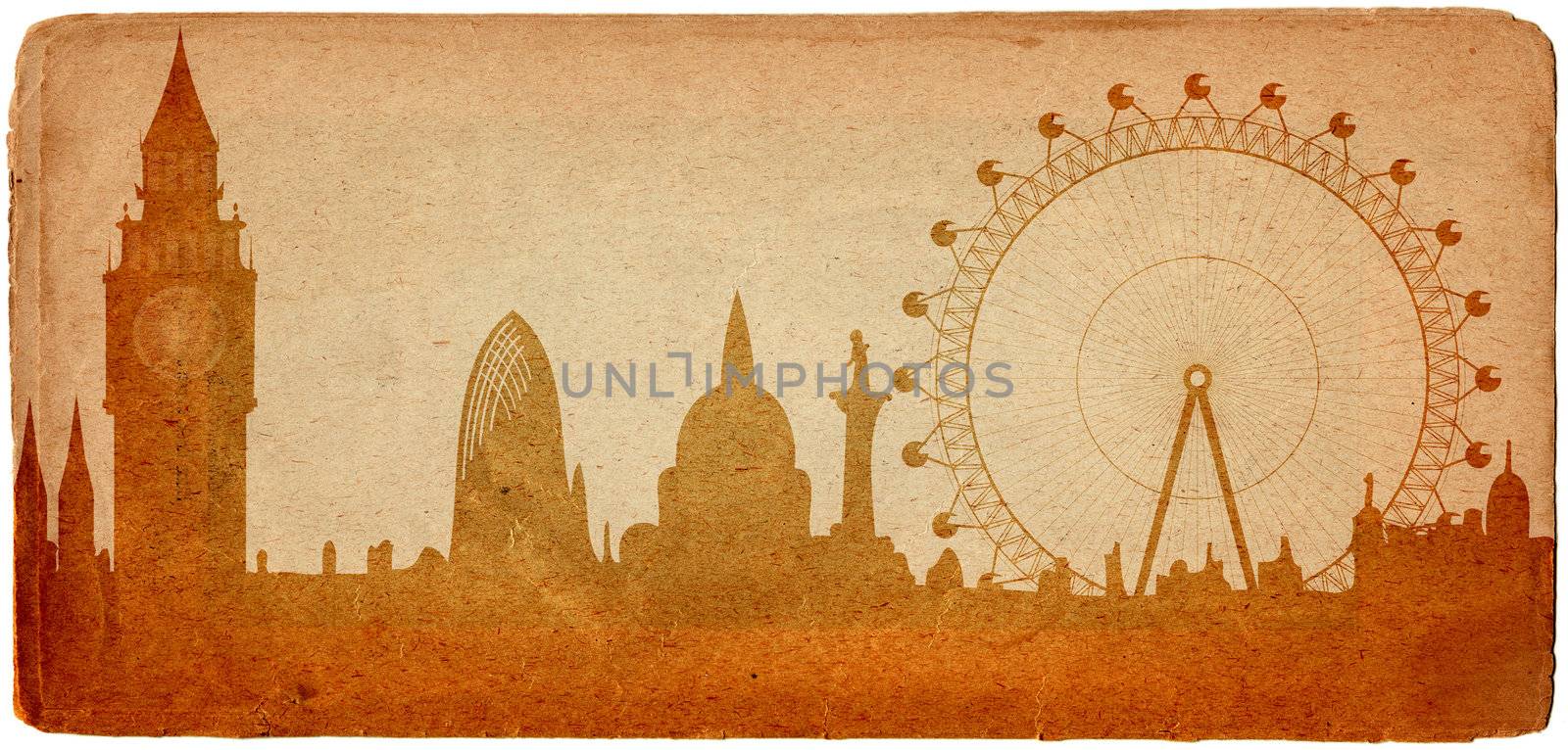 Image of the panorama of London - Big Ben, Big Wheel - in grunge style

